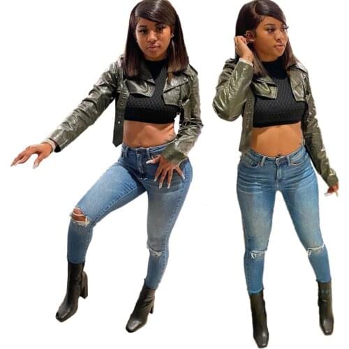 Green Pu Faux Leather Casual Cropped Jacket Women Turn Down Collar Long Sleeve Short Coat Moto Biker Zipper Slim Outwears