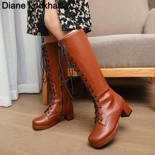 Female Combat Boots Thick Chunky Block Heels Lace Up Military Bottes Women Zipper Knee High Boots Lady Winter Round Toe Shoes