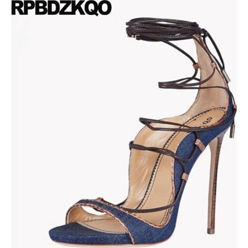 Ladies Strap Up Sandals Plus Size Glitter Gold Sequin Tie Pumps Women Blue 11 High Heels Denim Gladiator Stiletto Shoes Cage