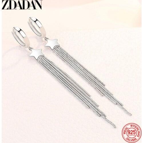 ZDADAN 925 Sterling Silver Five-pointed Star Fringed Long Dangle Earrings For Women Fashion Party Wedding Gift
