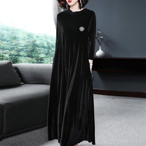 Women Autumn Winter maxi velour Dresses M-7XL Turtleneck Sexy elegant Korean velevt Dresses plus size Vestidos Crystal brooch