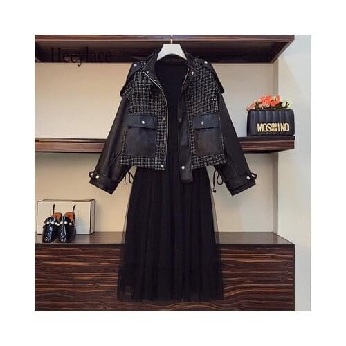 Plus Size Women Winter streetwear Locomotive Cool Suit Plaid PU jacket And Mesh Dress Two Piece Set Fashion women Clothes Outfit