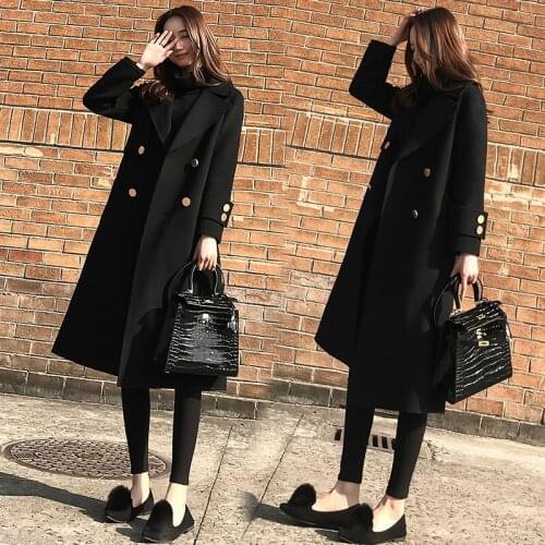 2020 New Autumn Winter Coat Korean Loose Thin Woolen Jacket Female Double Breasted Clothes Long Overcoat Black Outerwear