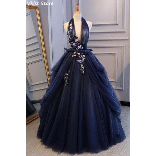 Vkiss Navy Blue Evening Dress Sexy Backless Lace-up Halter V-neck Sleeveless Applique Floor Length Prom Dress robe de soirée