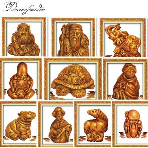 Gold statuette hippo turtle horse elephant cross stitch kit 11ct count print canvas embroidery DIY handmade needlework plus