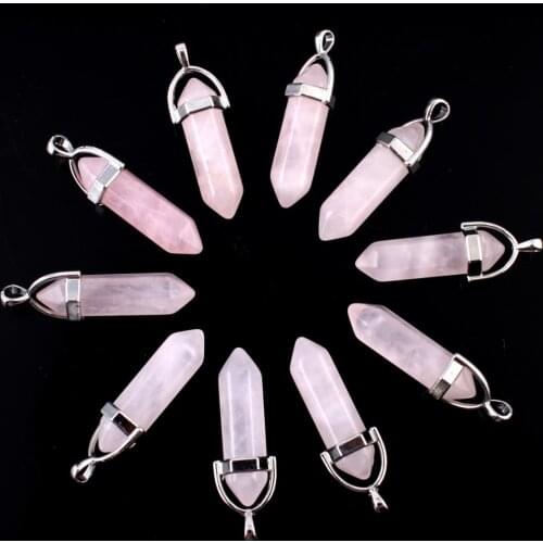 10pcs Rose quartze Natural Mixed Gems Stone Point Hexagonal Pink Crystal Jewelry Accessories Statement Women Necklaces Pendants