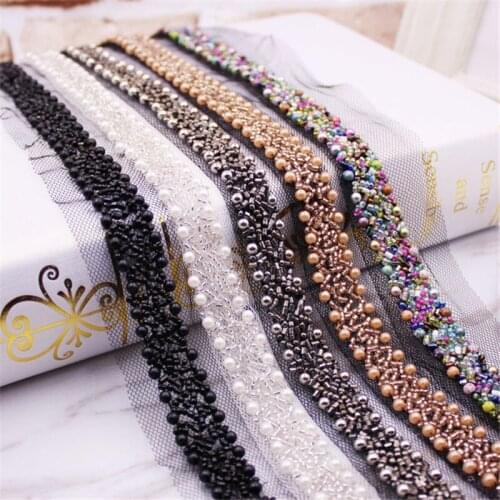 2Yards Vintage Pearl Beaded Trim Applique Mesh Lace Fabric Sewing DIY Jewelry Headpiece Costume Sash Belt Accessories