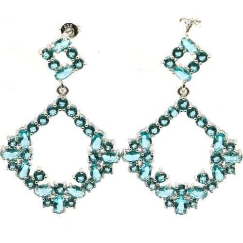 45x31mm European Style Long Big Created Rich Blue Aquamarine Ladies Wedding Silver Earrings