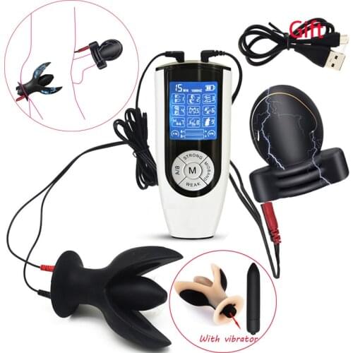 SM Strong Electro Shock Anal Plug Vibrator Electric Glans Trainer Massage Cup Penis Stimulator Prostate Massager Male Sex Tools