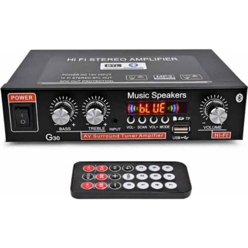 AC 220V 12V Bluetooth Car Stereo Amplifier Hi-Fi 2.0 Channel Audio Board FM Radio TF Card U Disk Remote TREBLE BASS AMP