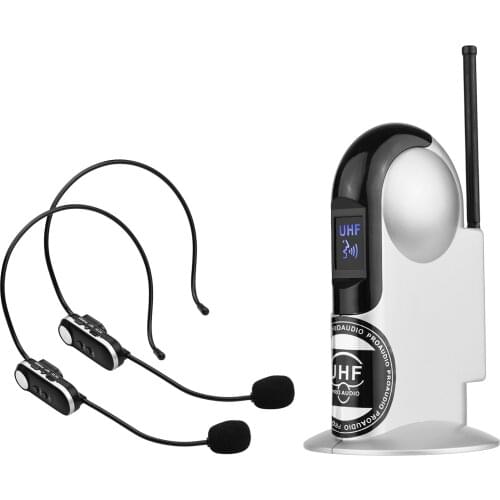 UHF Wireless Microphone System with Dual Headset Microphones and Receiver with 6.35mm Audio Cable for Video Interview Broadcast