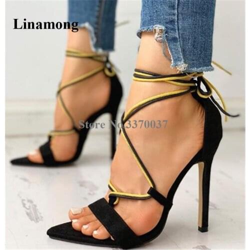 Women Elegant Fashion Pointed Open Toe Suede Leather Stiletto Heel Gladiator Sandals Strap Cross High Heel Sandals Dress Heels