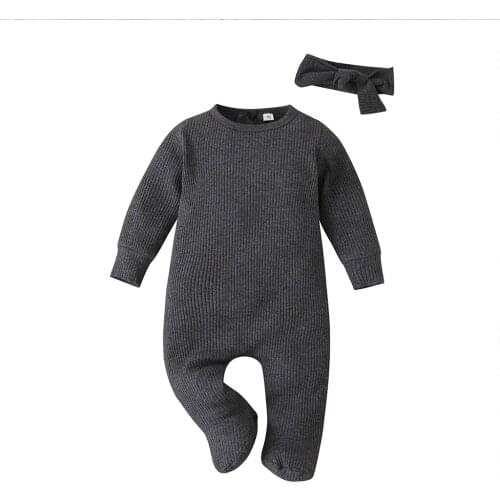 Infant Newborn Baby Boys Girls Solid Romper Jumpsuits Long Sleeve O Neck Footwear Baby Boy Girl Romper + Headband Clothing 0-12M