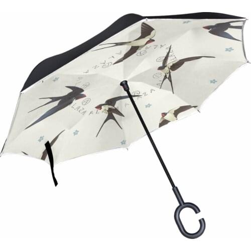 Drop Shipping Swallow Bird Double Layer Inverted Umbrella Reverse with C-shaped Hands Long Handle Self Standing Inside Out