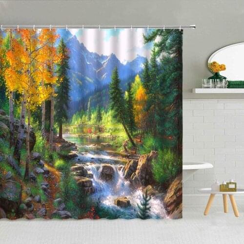 Oil Painting Scenery Shower Curtain 3D Forest Mountain Waterfall Polyester Fabric Bathroom Supplies Hanging Curtains Home Decor
