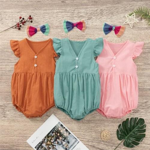 0-24M Newborn Baby Girls Bodysuits Ruffles Flying Sleeve V Neck Solid Jumpsuits Headband Summer Clothes