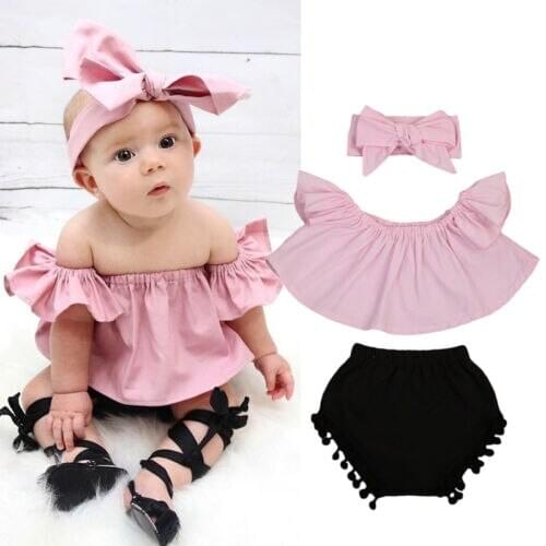 Newborn Baby Girl Clothes Set Off Shoulder Top T-Shirt+Shorts Pants 3PCS Outfit