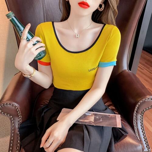 Korean Style Short Sleeves Short slim fit T Shirt Hot Sales Splicing color Female Tshirt Women Fashion harajuku T-Shirt