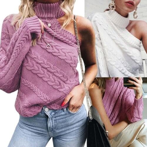Fashion Women Long Sleeve Knitted One Shoulder Warm Sweater Outwear Crop Knit Tops Warm Sweater Pullover