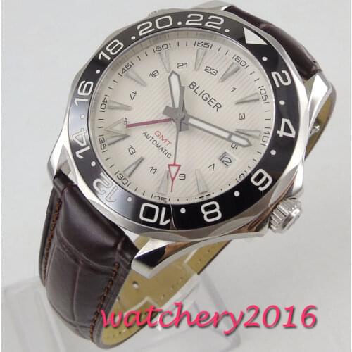 41mm bliger GMT white dial sapphire glass ceramic bezel automatic movement mens watch