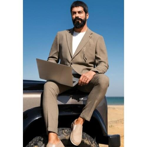 Male Khaki Slim Fit Pattern Suit-64 Polyester, 34 of Viscous, 2 Elastane, mono-Neck, Long Sleeve, Half Lining, Double Slash