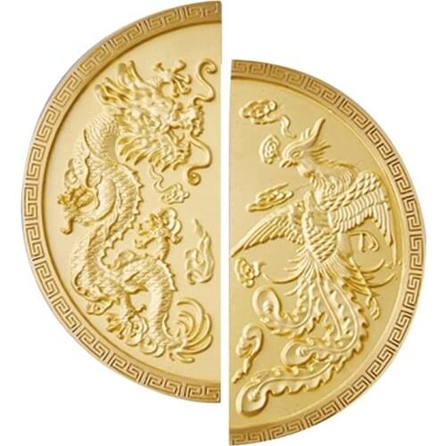 New 1 Pair of Semi Circular Handles Dragon and Phoenix Pattern Brass Gold Cabinets Handle for Cupboard Drawer (with Screws)