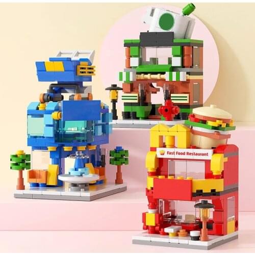 Single Mini City Street Series Food Candy Pizza Ice Cream Shop Bookstore MOC Building Blocks Kids Educational Toys