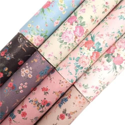 Onefly Wholesales Dropshipping Leather Supplier Rose Flowers Printed Synthetic Faux leather Fabric Felt Backing Bows DIY FZ145