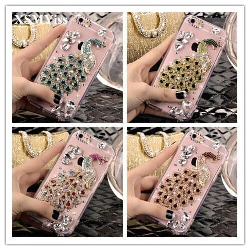 XSMYiss Rhineston Case Jewelled Cover For Iphone X XS MAX XR 5S 6S 7 8 PLUS Diamond Soft Mobile phone peacock Case Cover