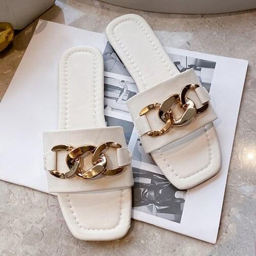 2021 Women Metal Chain Slides Soft Leather Flat Shoes Fashion Casual Outdoor Summer Square Toe Flip Flips Lady Sandals Big Size