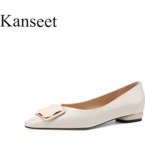 Kanseet 2021 New Spring Autumn Women Pumps Metal Buckle Genuine Leather Square Toe Handmade Footwear Shallow 2cm Low Heels Shoes