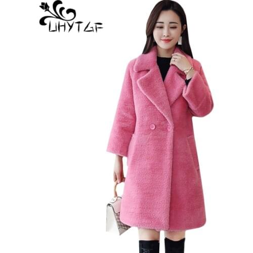 UHYTGF Quality Mink Cashmere female winter wool coat fashion double-breasted slim plus size jacket elegant women woolen coat 485