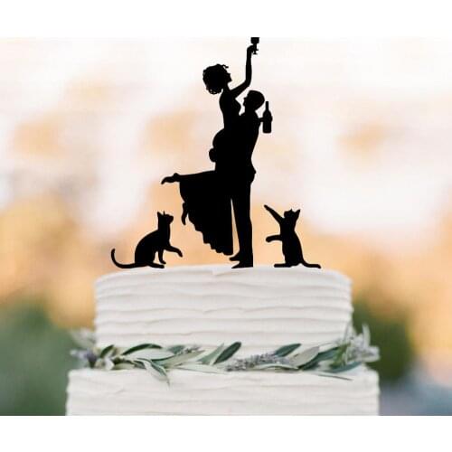 Funny Wedding Cake topper,Drunk Bride with two cats Cake Topper, Bride and Groom Wedding Silhouette cake topper