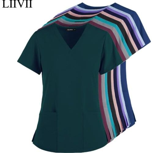 Womens Short Sleeve V-Neck Pocket Care Workers T-Shirt Tops Summer Workwear Tops Sexy Printed Nurse Uniform Clinic Blouse
