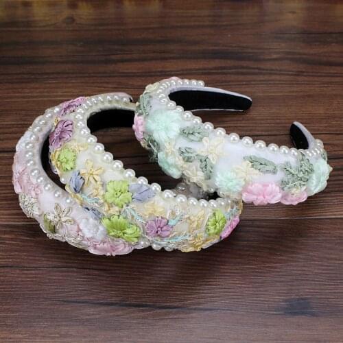 Handmade Pink Green Flower Bridal Headdress Padded Pearls Headbands Baroque boho Hairbands For Women Luxury Hair Jewelry