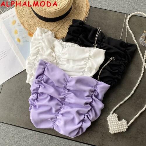 ALPHALMODA 2021 Pleated Sexy Wrap the Chest Bra Top Fashion Chain Solid Stretchy Short Crop Top Women Stylish Summer Comisole
