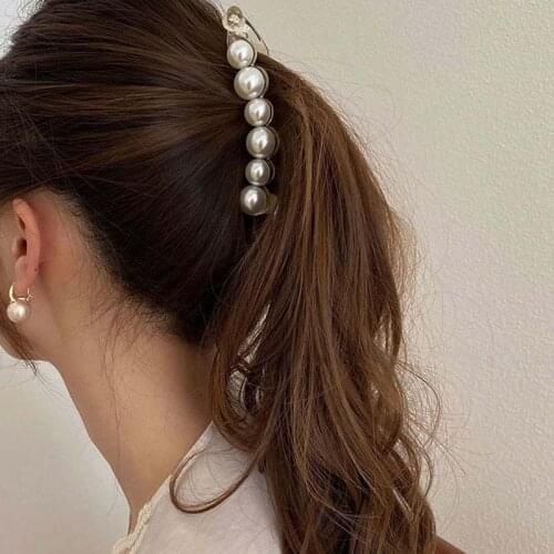 Women Pearl Ponytail Hairpins Headdress Fashion Banana Clips Jewelry Headwear Cute Vertical Hair Clip Simple Hair Accessories