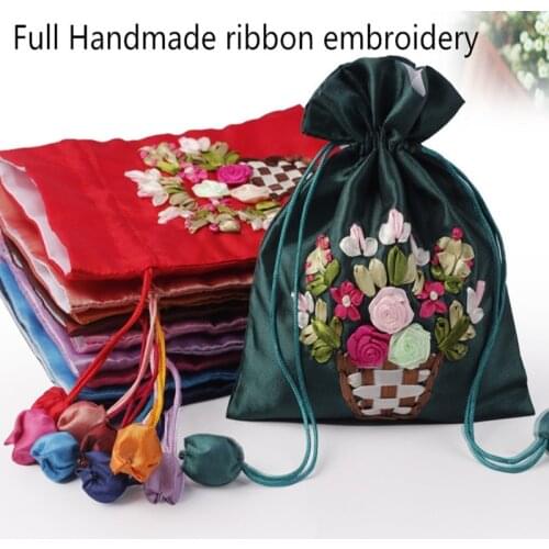 Large Drawstring Satin Jewellery Pouches Gift Bags Handmade Ribbon Embroidery Party Favor Bag Fabric Stroage Pouch 50pcs/lot