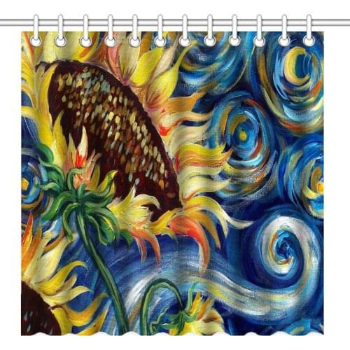 Abstract Vintage Starry Night and Sunflowers Oil Painting Print Art Navy Blue Yellow