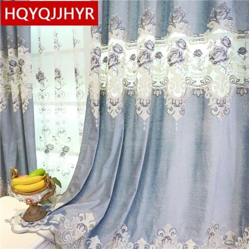 Blue European high quality velvet embroidered living room curtain with white embroidered Voile Curtain for bedroom hotel Kitchen