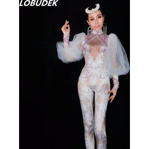 Sparkly Crystals Lace Sleeves Jumpsuits Female cosumes DJ DS show Bar party performance outfit Rhinestones Leotard Nightclub
