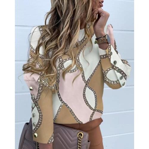 Elegant Metal Buttoned Sleeve Blouse Women Print Long Sleeve Shirts Autumn O-Neck Puff Shoulder Blouses Vintage Office Lady Tops