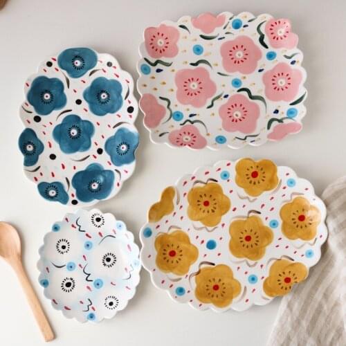 Ceramic Underglaze Color Hand - painted Flowers Wavy Edge Lovely Plate