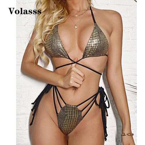 Sexy Two Pieces Thong Swimsuit Women Snake Pattern Push Up Swimwear Female Summer Beach Halter Bikini Set Backless Bathing Suit