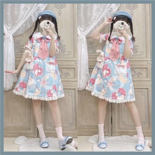 Sweet Japanese Lolita Duck Picnic Kindergarten Printing Kawaii Style op Dress Lolita Daily Dresses Party Costumes