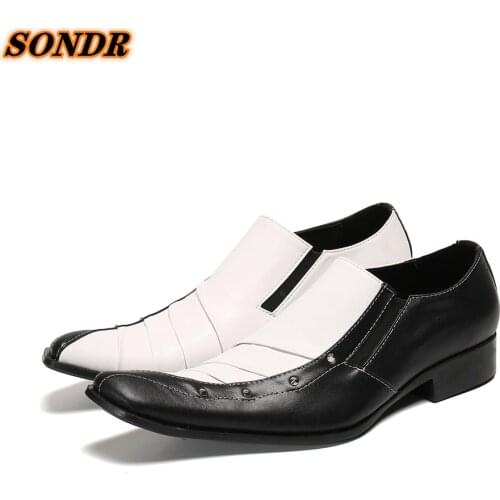 White And Black Men Genuine Leather Shoes Square Toe Rivets Slip On Korean Style For Men Dress Business Shoes Zapato De Boda