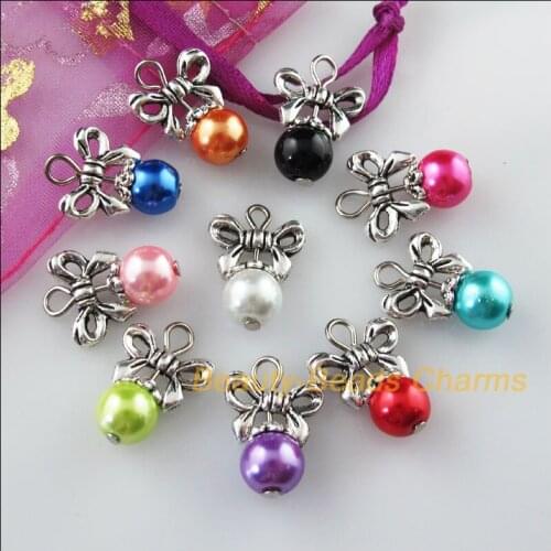 Fashion 20 New Charms Mixed Round Glass Beads Pendants Tibetan Silver Color Butterfly 13.5x20mm