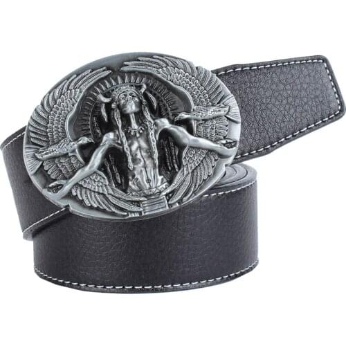 Mens PU Leather Casual Belt with Oval Zinc Alloy Carved Native Chief Eagle Buckle Waistband