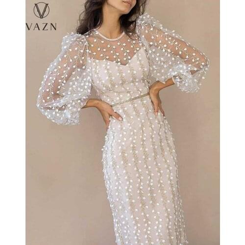 VAZN New 2020 Full Sleeve Transparent Mesh Fabric Tulle Banquet Party Maxi Dresses Sexy Shinny Young Lady Dress