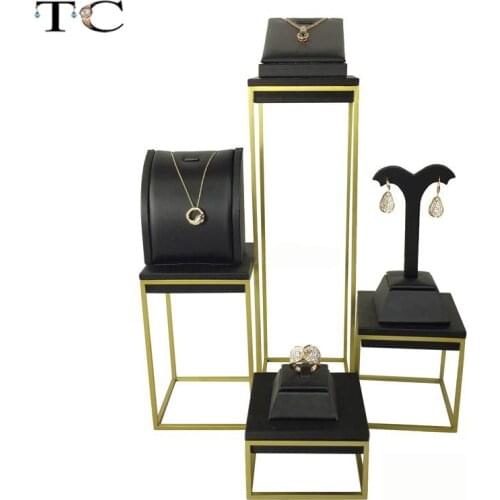New Quality Stainless Steel Jewelry Window Counter Showcase Jewelry Ring Earring Bracelet Black leather Display Holder Stand